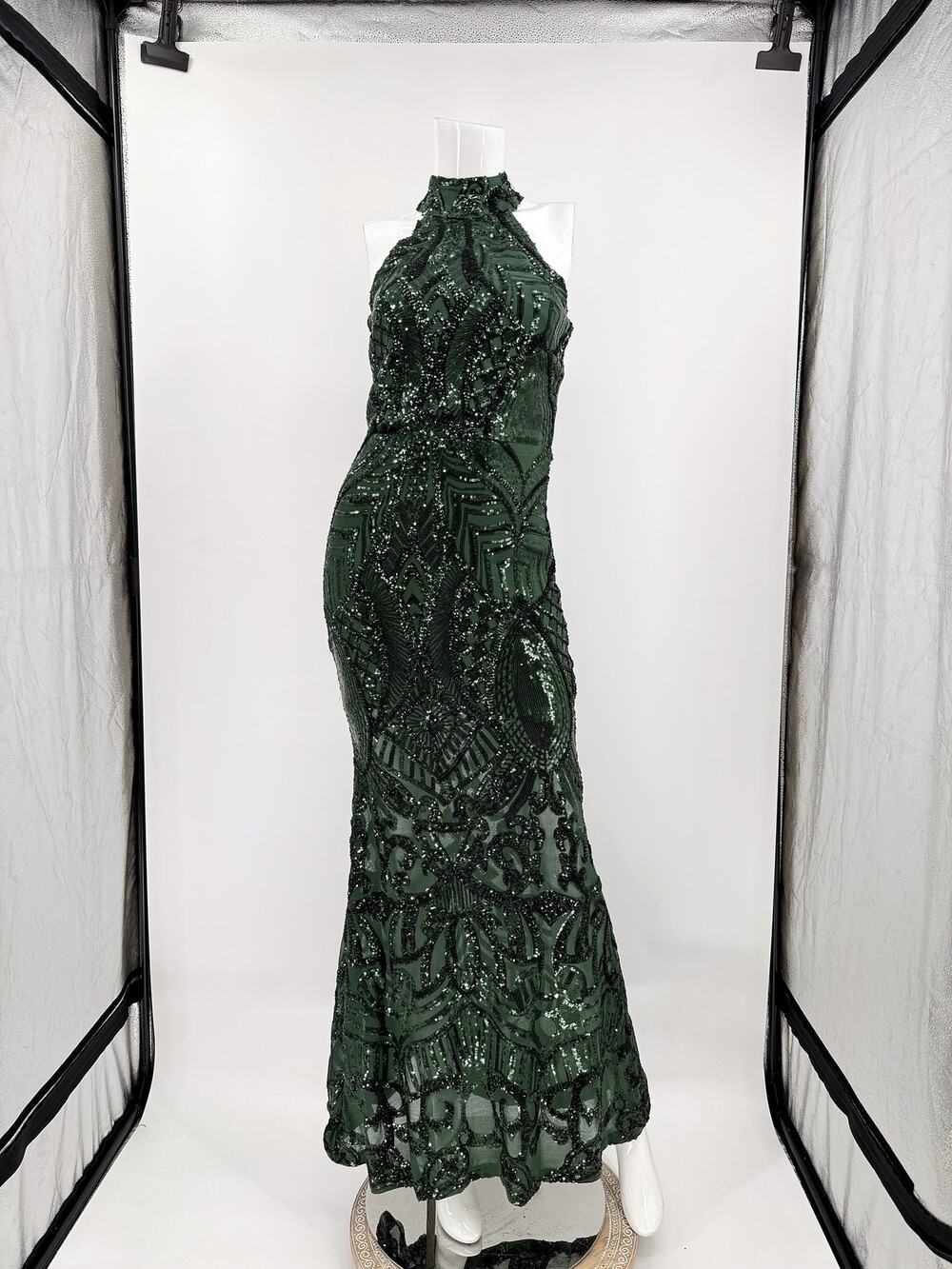 Banjul Sequin Naked Lace Racer Neck Sleeveless Maxi Dress Green Women's Size S